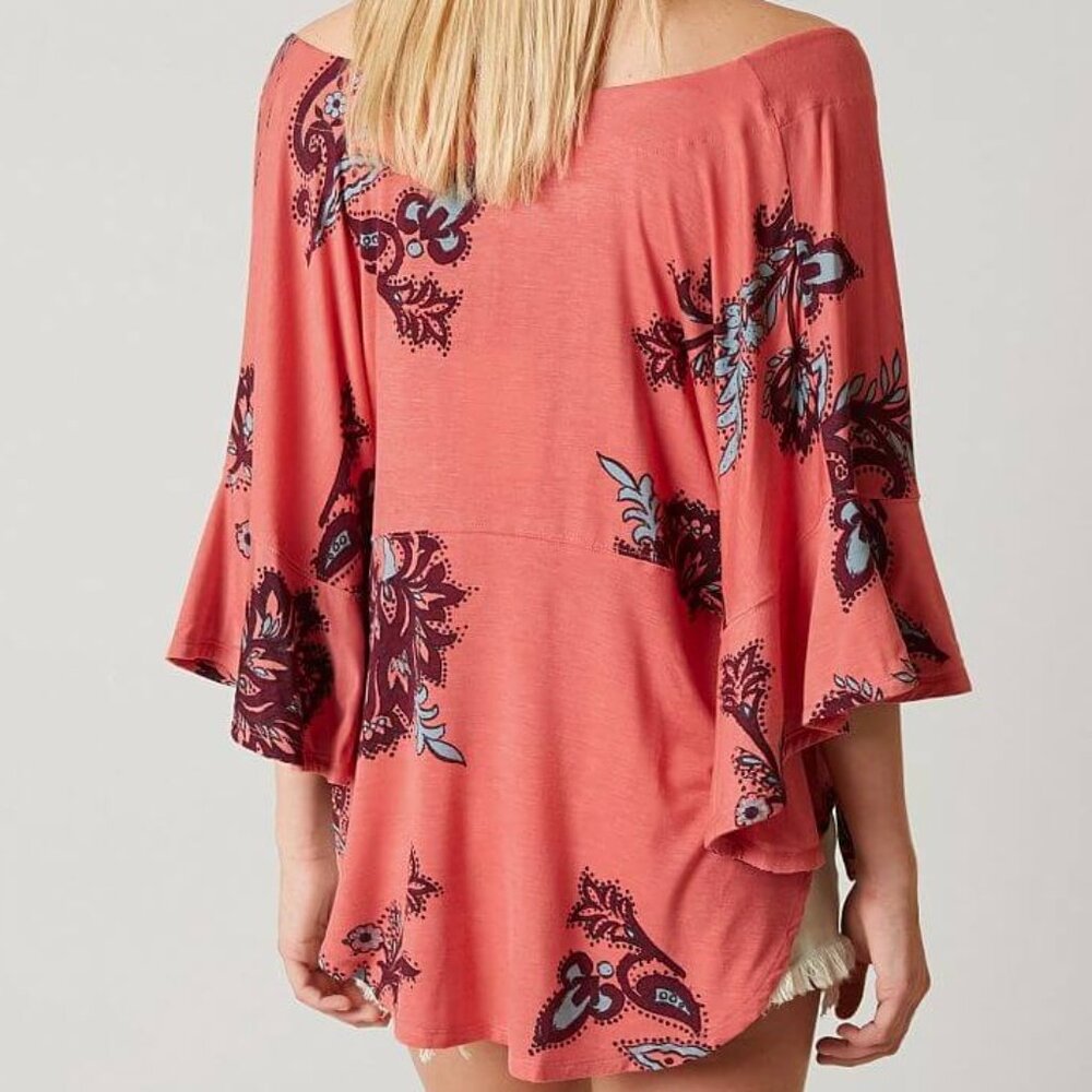 Free People Maui Wowie Boho Coral Paisley Side Tie Blouse Top Passion Flower SM - Picture 11 of 11